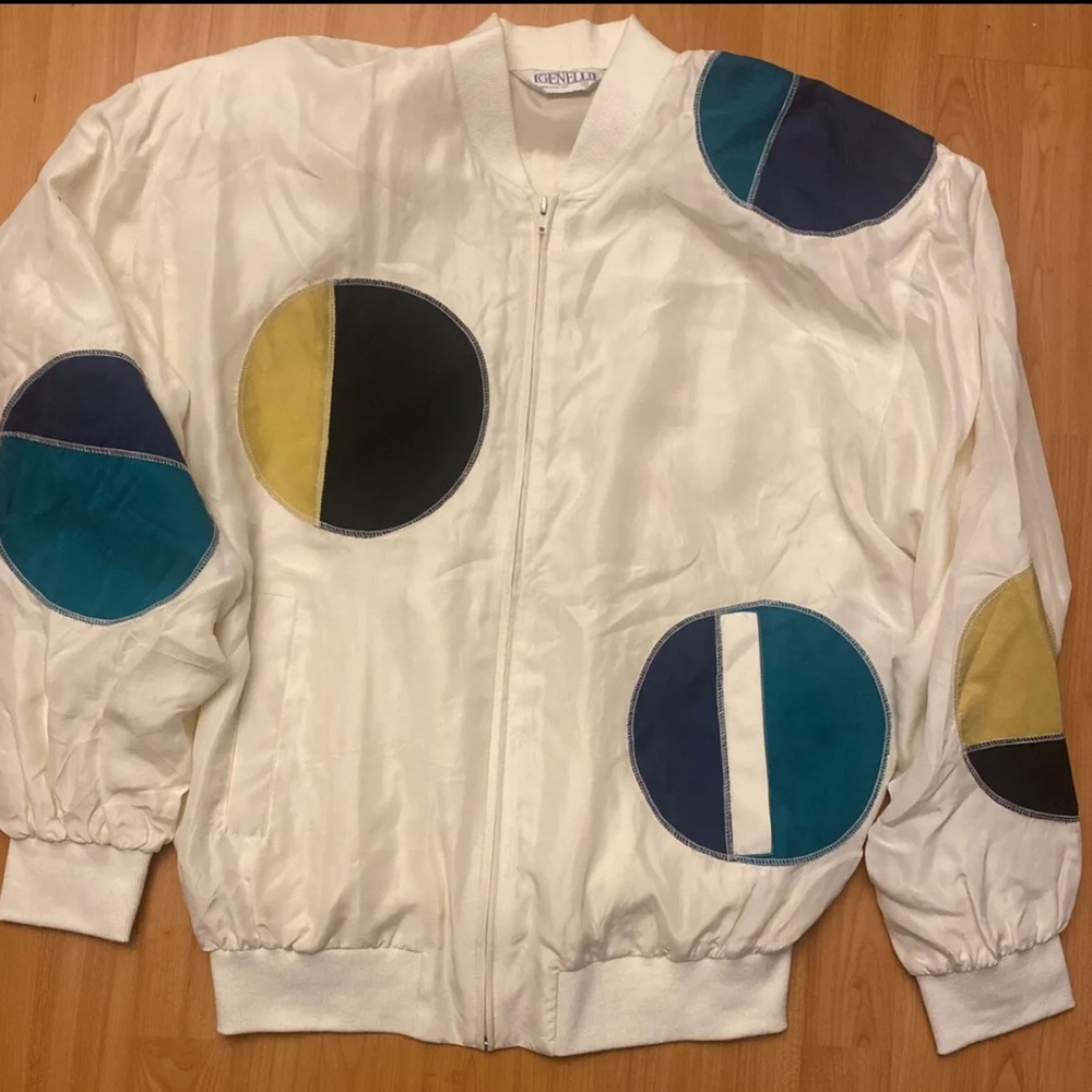 VTG Genelli Mens 100% Silk Jacket Full Lining Color Ivory Sz L Shoulder Pads 80s